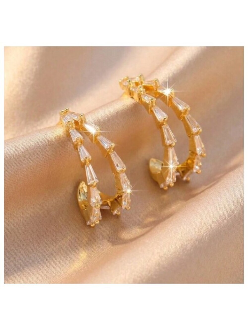 Open center baguette - Earrings - Gold - CZs - 1" - Picture 5 of 6